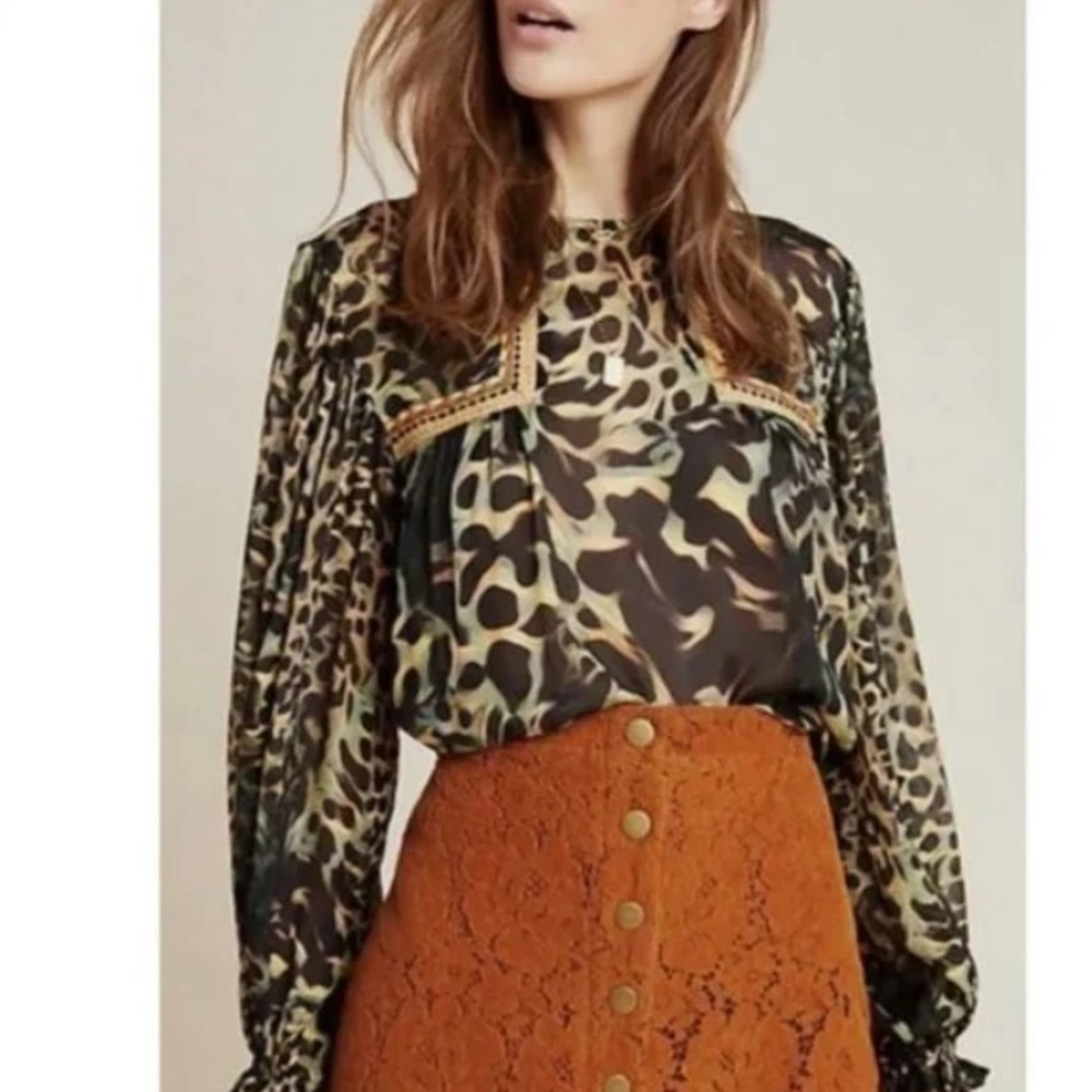 Anthropologie Mixed Leopard Sheer Blouse in Olive, Black and Tan